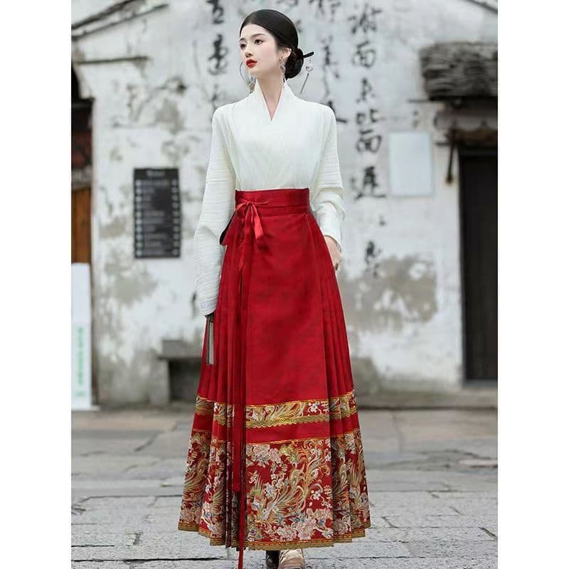 New Chinese-Style Light National Flare Mamian Skirt Set for Women, Autumn/Winter, Elegant Knit Long-Sleeve Top and Skirt Two-Piece