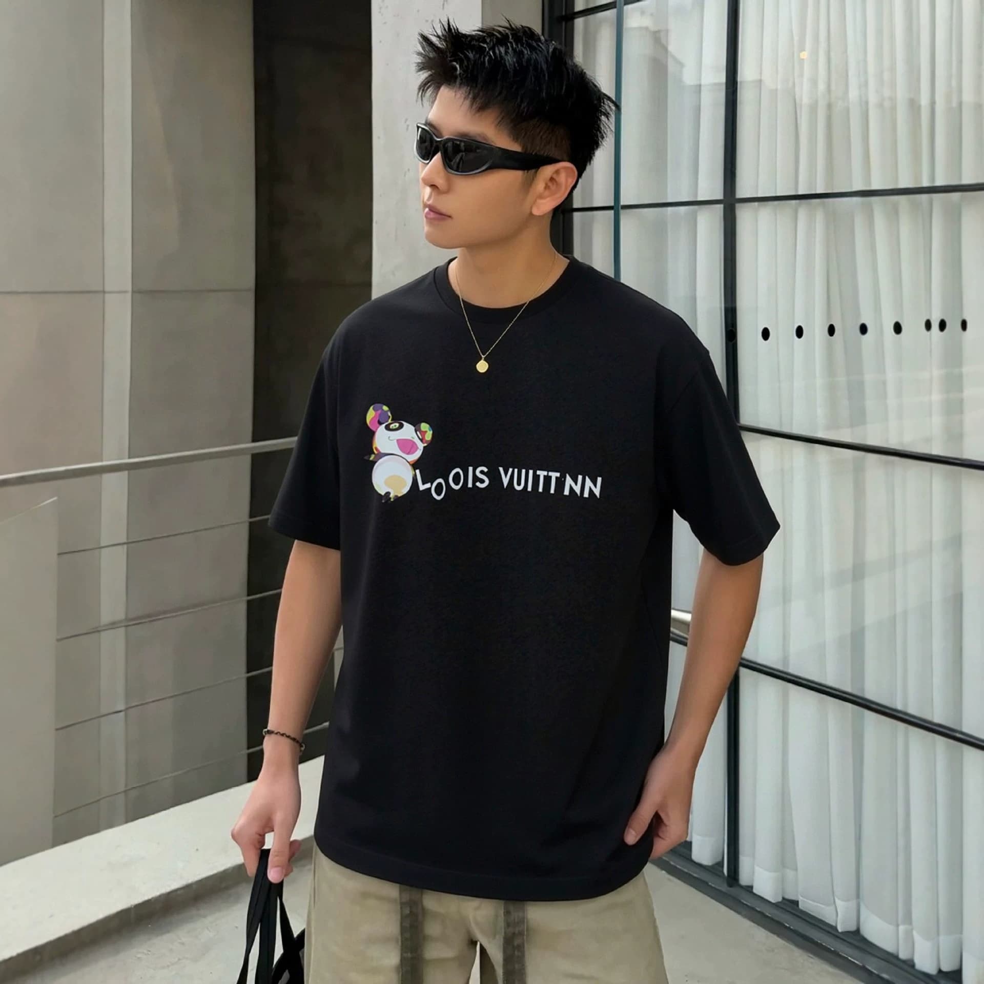 Lvjia short-sleeved T-shirt men's mouse letter print T-shirt loose half-sleeved shirt small neckline Ljia trend T-shirt pure cotton