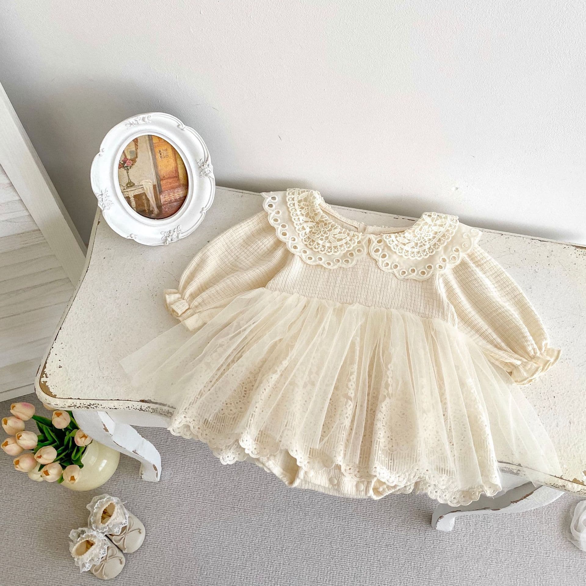 INS Autumn New Sweet Baby Girl Lace Round Neck Romper Suit Double Layer Mesh Princess Dress