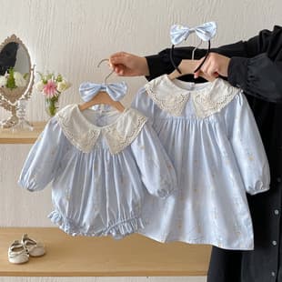 Baby Clothes 26 Autumn Baby Girl Lapel Bodysuit Toddler Sweet Long Sleeve Blue Dress Bodysuit Dress