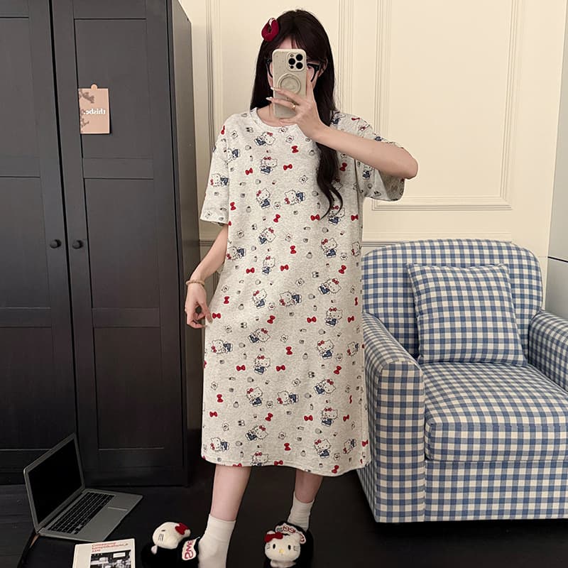 2026 Summer Cotton Short Sleeve Nightgown Women Cartoon KT Cat Loose Mid-Length Dress Teen Loose Maternity Plus Size Pajamas
