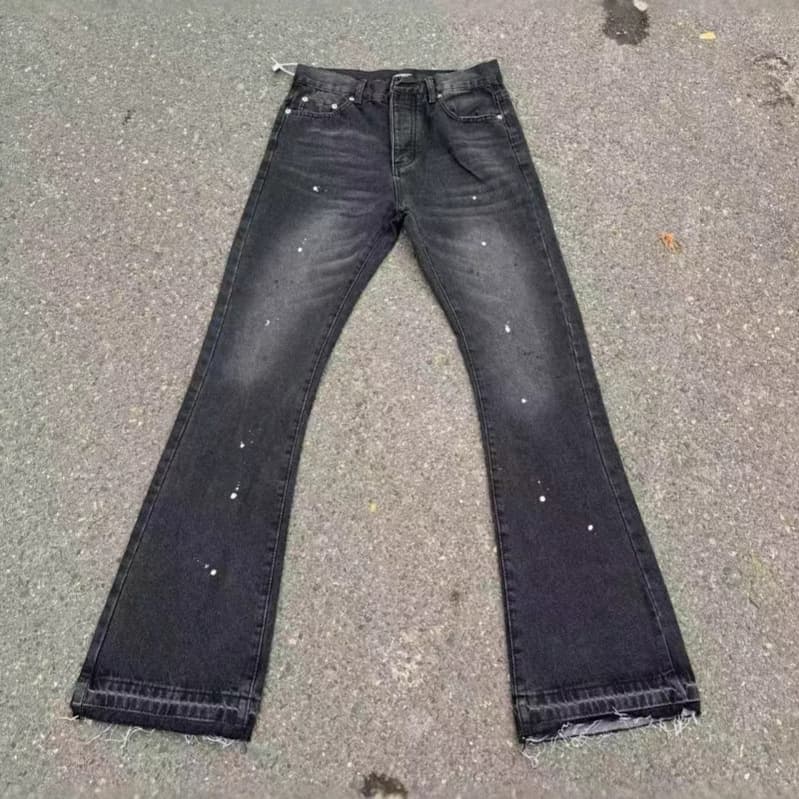 Far Archive men's washed, ink-splatter-patterned, distressed flared jeans; Vibe niche 3D tailored trousers.