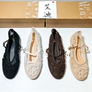 ZA Women's Cross-Border Flat Shoes Mary Jane Embroidered Pearl Shoes Shallow Ballet Flat Sandals Wholesale
