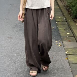 Wholesale Brown Curved Wide-Leg Pants for Women, Summer Thin, Loose Fit, Relaxed, Draped, Casual Trousers, High-Waist, Slimming Pants