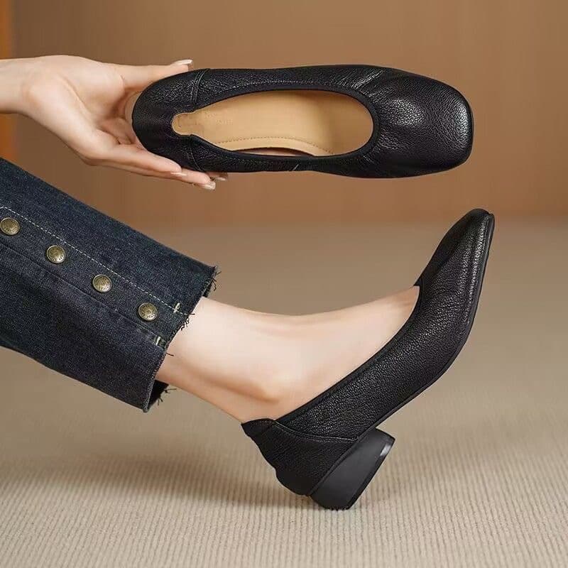 2025 New Shallow Mouth Leather Shoes, Soft Leather Soft Sole Women's Shoes, Round Toe, Fashionable and Comfortable, Thick Heel, Low Heel, Slip-On Mom Shoes