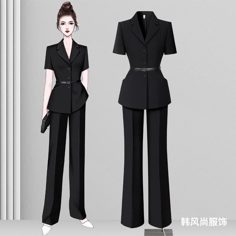 Black Short-Sleeve Suit Set for Women, Summer Lightweight, Formal Occasion Office Commuter Fashionable Elegant High-End Professional Wear