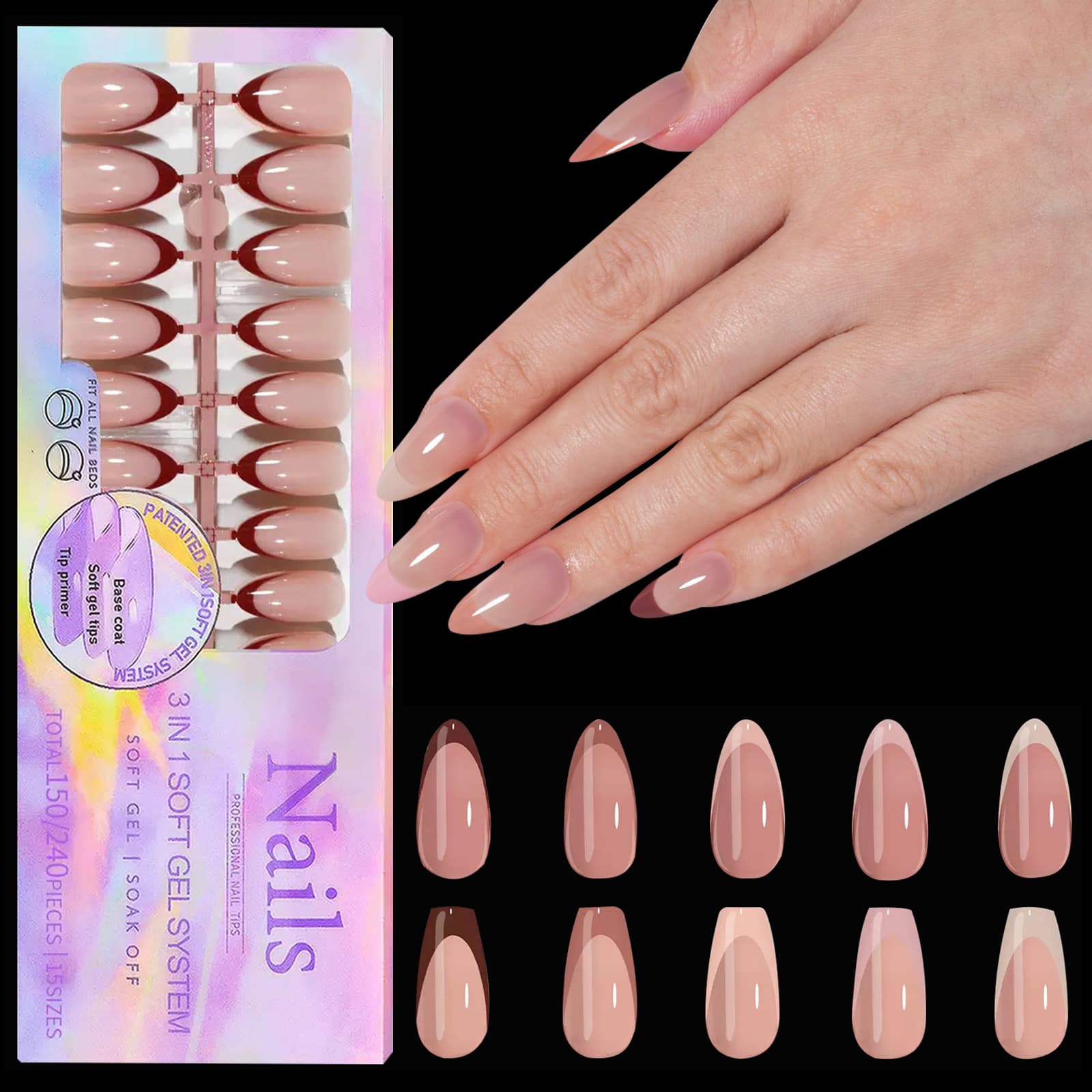 Cross-border hot-selling 150pcs nail art box, detachable French manicure, wearable false nails, factory wholesale.