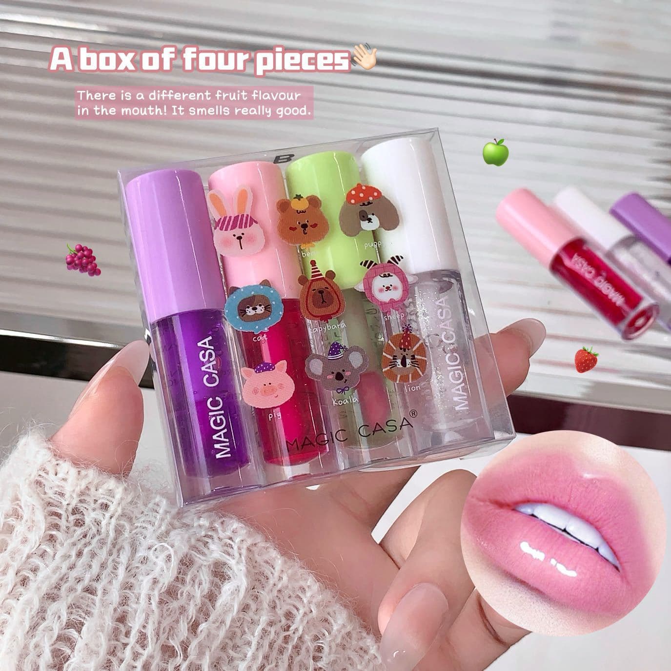 [Cross-border Exclusive] Four-Piece Set Fruit Lip Oil Lip Care Oil Lip Plumper Moisturizing Base Lip Balm Autumn and Winter