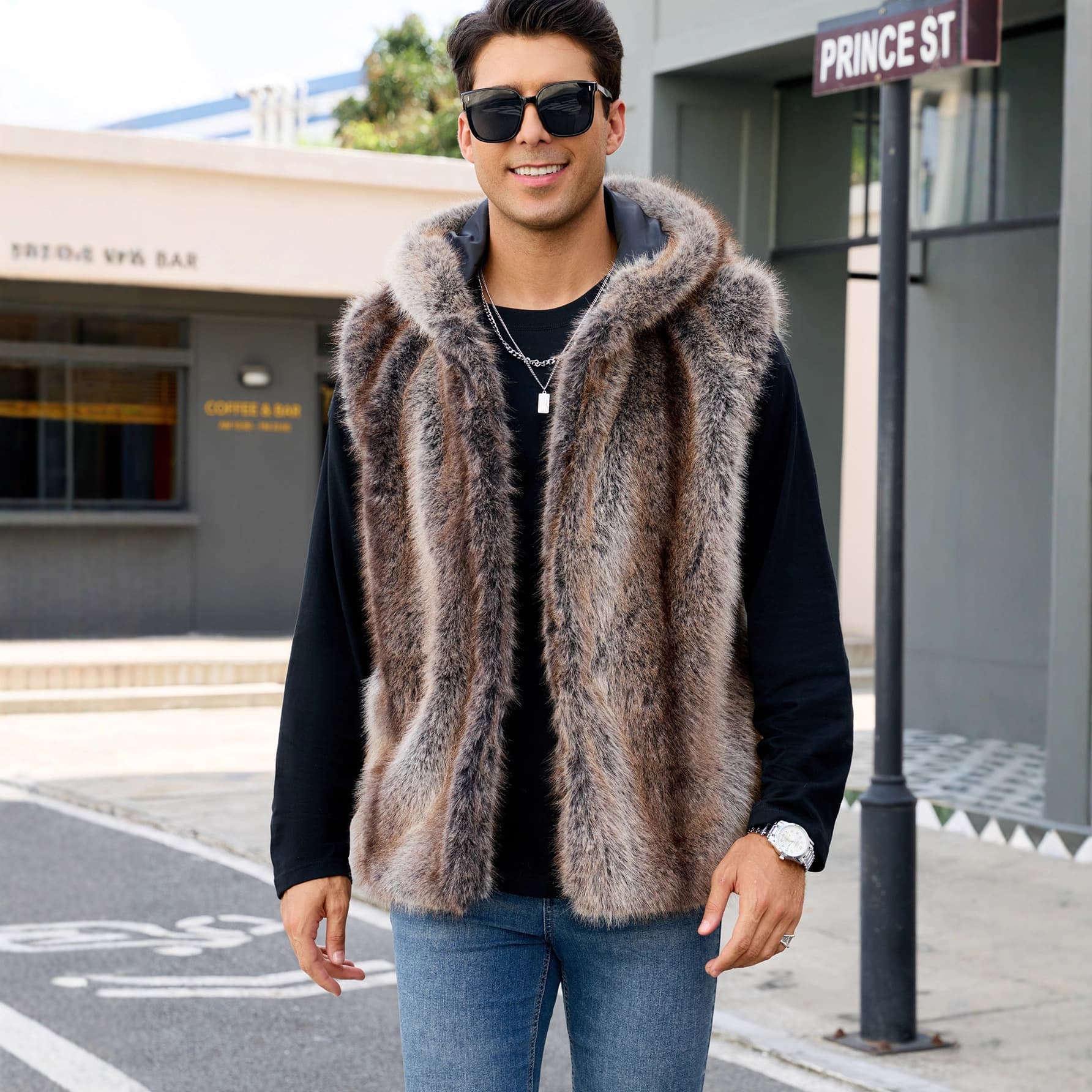 F0973 European and American Men's New Autumn/Winter Faux Fur Vest Plush Sleeveless Jacket Faux Fox Fur Coat