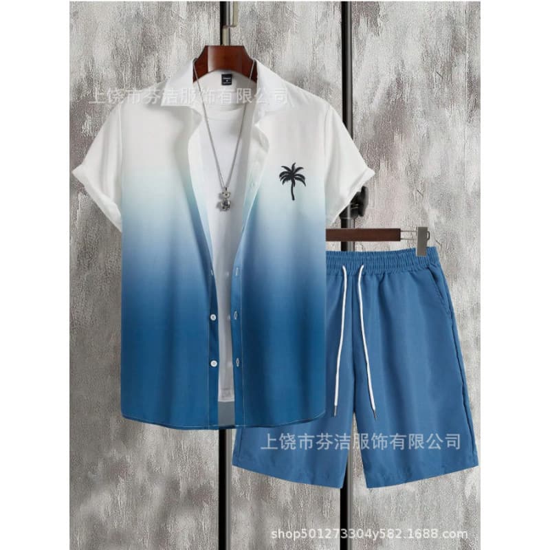 Southeast Asia Cross-border Foreign Trade Summer Men's Gradient Coconut Tree Print Shirt and Shorts Set