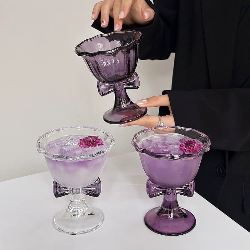High-Aesthetic Purple Bow Glass Goblet Red Wine Ice Cream Dessert Cup for Women Tipsy Wine Glass Fruit Wine Champagne
