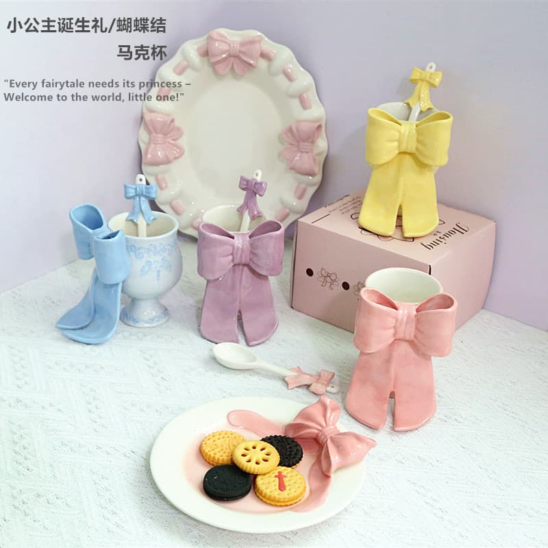 Little Princess Bow Mug Birthday Gift Coffee Cup Embossed Ceramic Cup Home Souvenir Water Cup