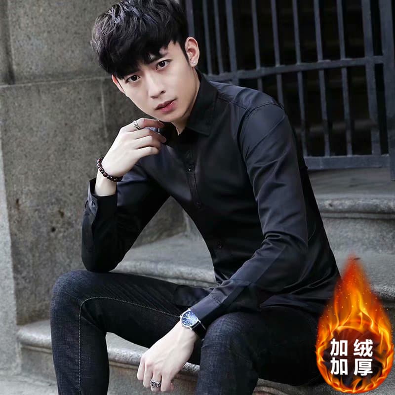 Winter Fleece-Lined Solid Black Shirt Long Sleeve Korean Slim Fit Business Casual Wrinkle-Free Thick Warm Coat