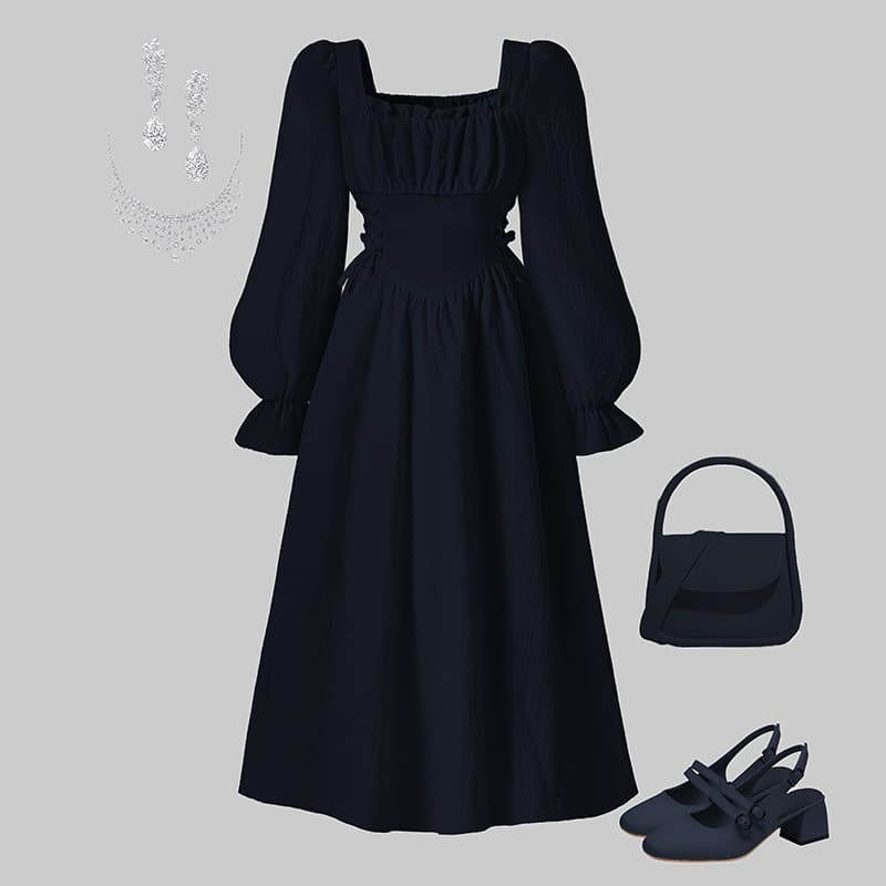 2025 Cross-Border Autumn New European and American Girls' Premium Solid Color Flared Sleeve Full Skirt Dress