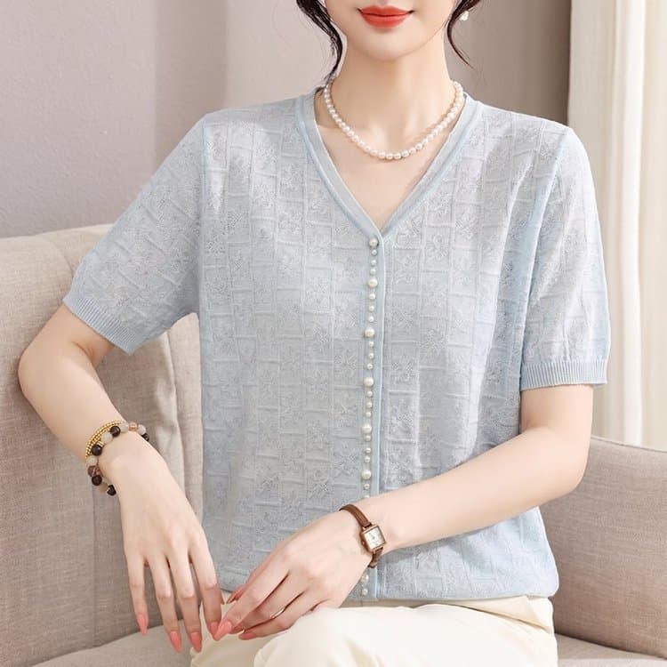 Dropshipping 2026 summer new fashion casual loose versatile simple V-neck solid color knitted short-sleeved T-shirt