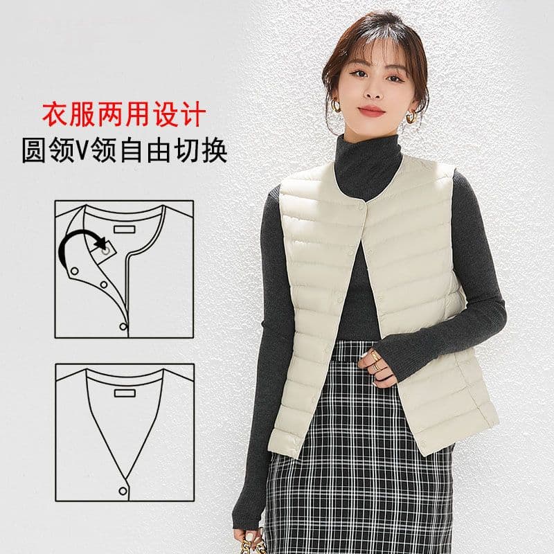 New Women's Collarless Down Inner Vest V-Neck Lightweight Down Jacket Warm Coat Large Size Vest Round Neck
