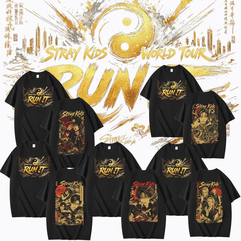Support Stray Kids World Tour Run It SKZ Printed Summer Short Sleeve T-Shirt