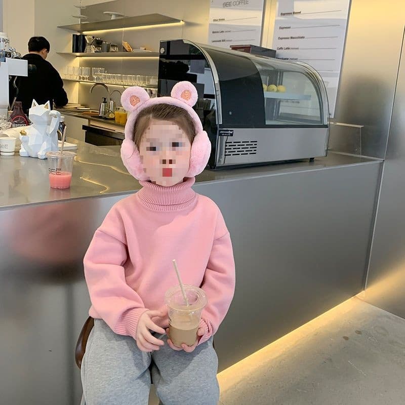 Children's High Neck Sweater Autumn/Winter Unisex Integrated Fleece Thickened Warmth Girl's Solid Color Small/Medium Kids Top Trendy