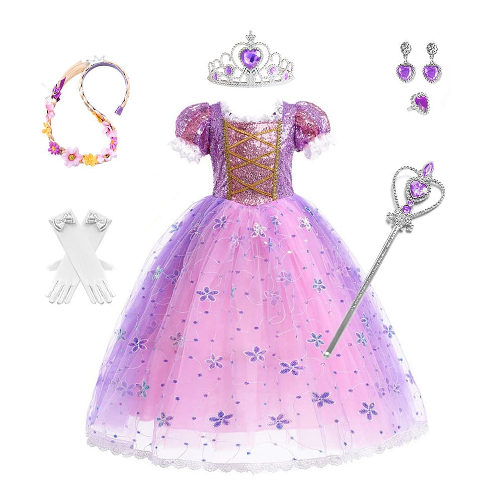 Cross-border Trade Children's Long Hair Princess Dress Halloween Gown for Girls Purple Tulle Dress