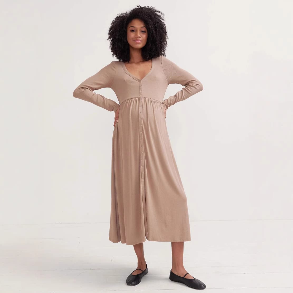 2025 Europe and America New Solid Color Foreign Trade Maternity Dress, Sexy V-Neck Waist-Cinching Long Sleeve Dress