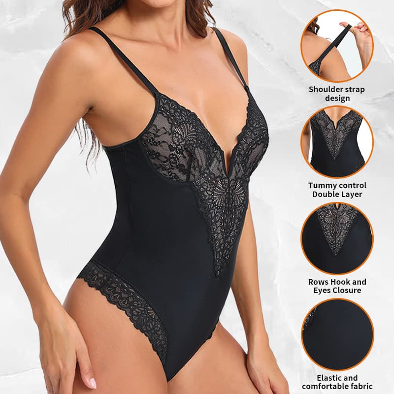 European and American sexy deep V lace bodysuit suspender sexy lingerie cross-border plus size waist slimming and tummy shaping bodysuit