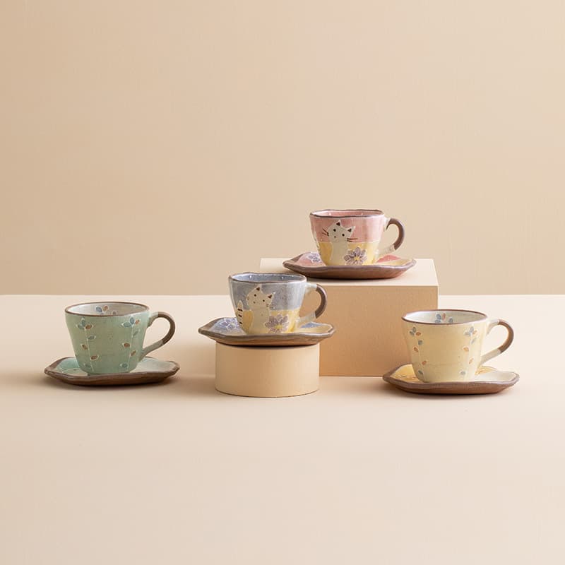 Japanese Import Mino Ware Rustic Style Little Cat Coffee Cup Set, Cute Cartoon Mug, Japanese Ceramic Cup