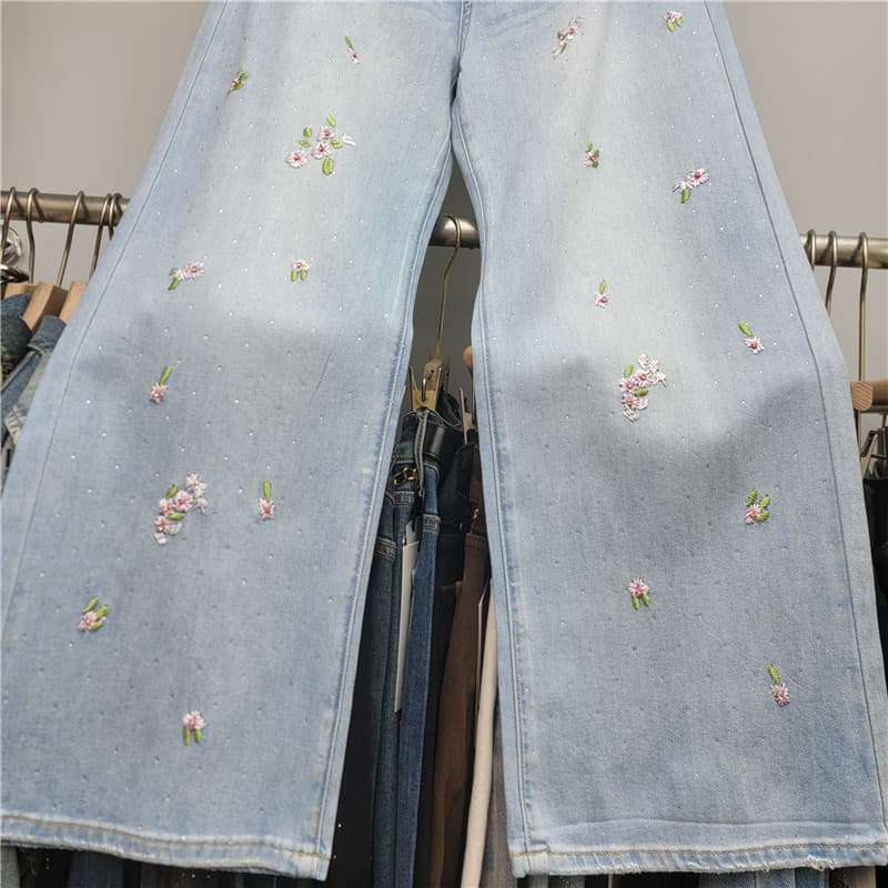 Korean Rhinestone Jeans, Light Blue Loose High-Waist Draped Versatile Straight Wide-Leg Floor-Length Pants