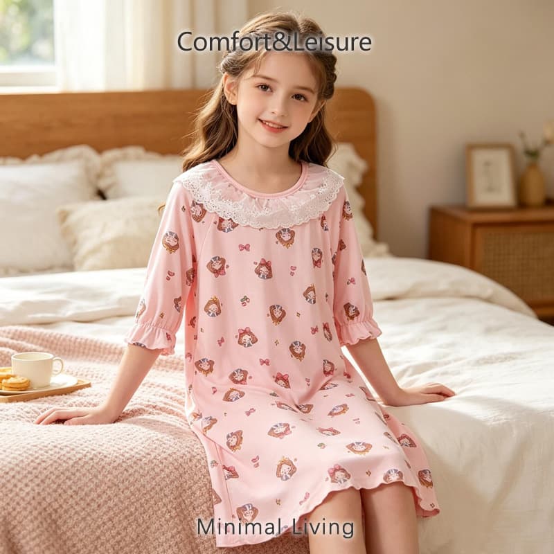Children's Summer Nightgown, New Summer Style Girls Princess Cute Sleepwear, Short Sleeve Home Dress, Class A