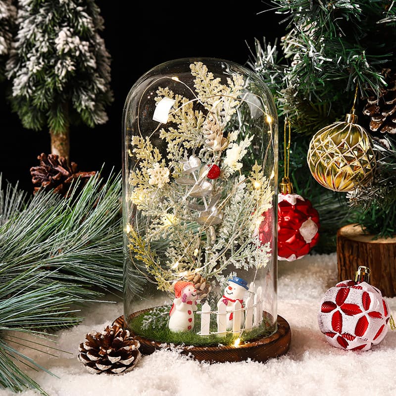 Factory goods new snowman Christmas tree glass cover pine carbonized base LED light Christmas gift ornaments wholesale
