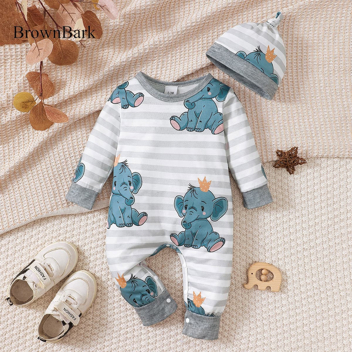 Autumn/Winter 2024 New Style Baby Romper for Boys and Girls, Cute Printed Striped Long-Sleeve Bodysuit with Hat