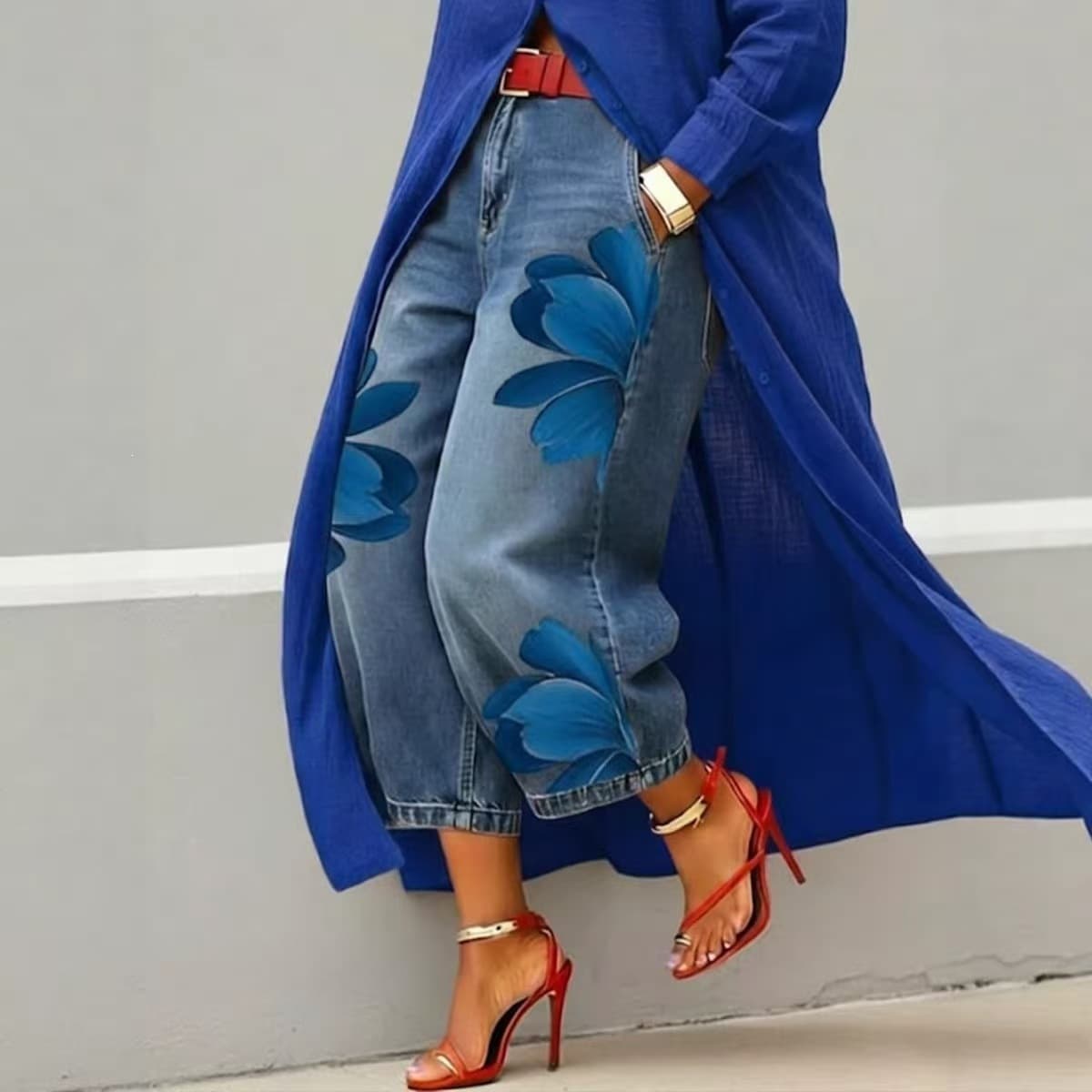 2026 New European and American Cross-Border Amazon Imitation Denim Print Loose Jeans Comfortable Versatile Wide-Leg Long Pants for Women