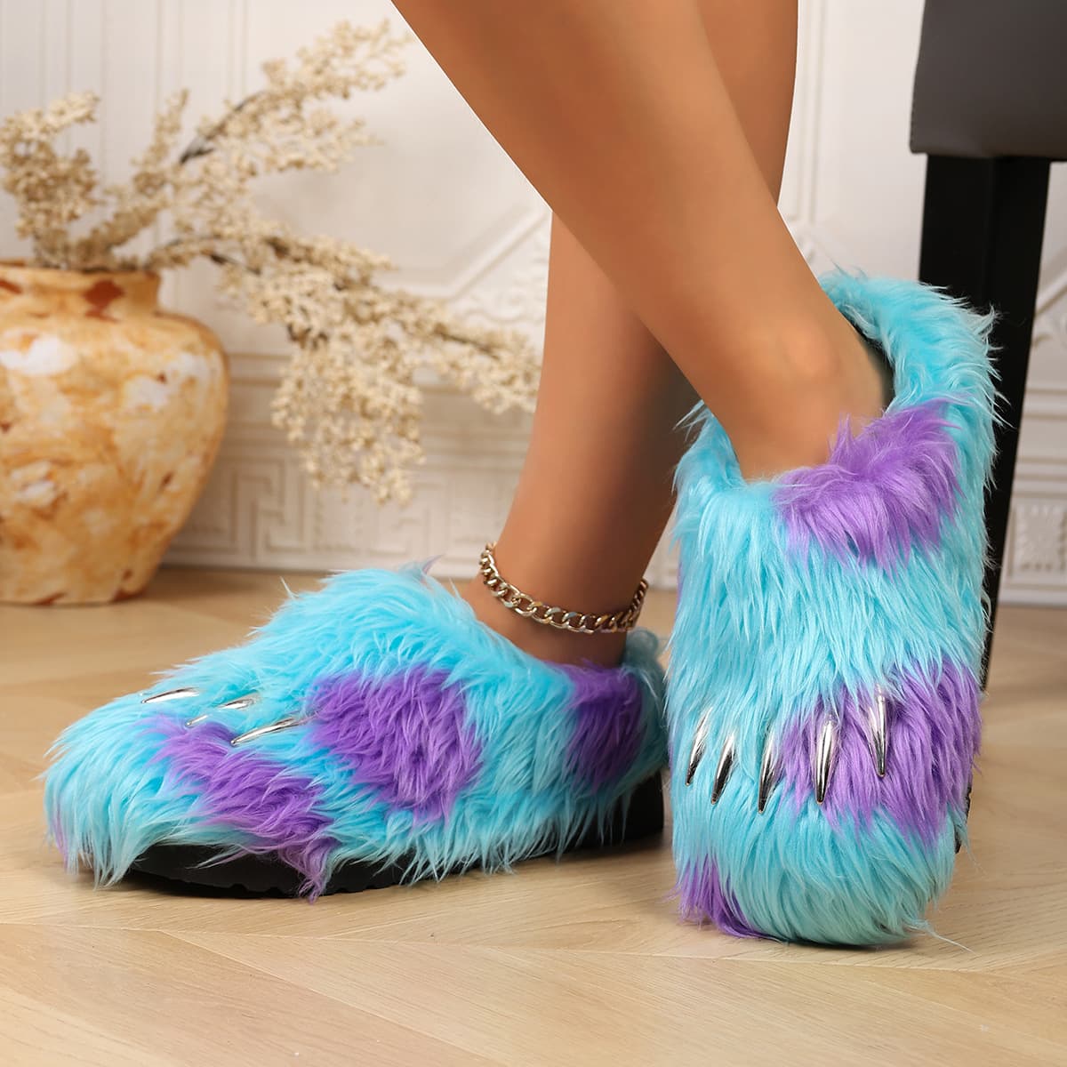 Cross-border dopamine contrasting color plush leg covers with imitation fox fur texture Y2K sweet cool style high-top plush boot covers long tube