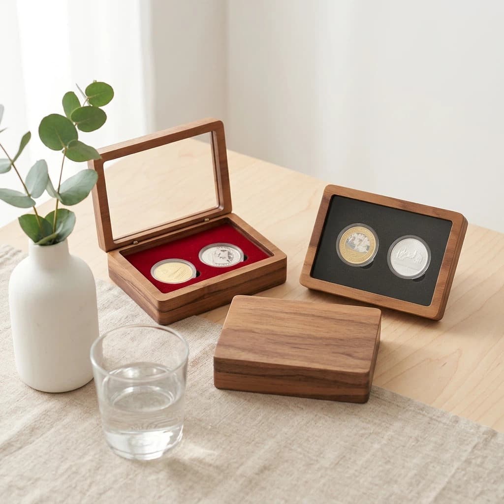 Black walnut commemorative coin double coin box acrylic badge medal ancient coin collection storage wooden box business gift