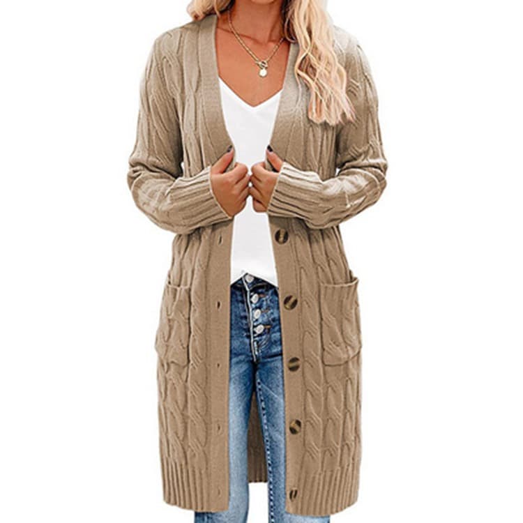In Stock European and American Fashion Autumn/Winter Knitwear 2026 Long Cable Knit Sweater Women Amazon New Button Cardigan Trend