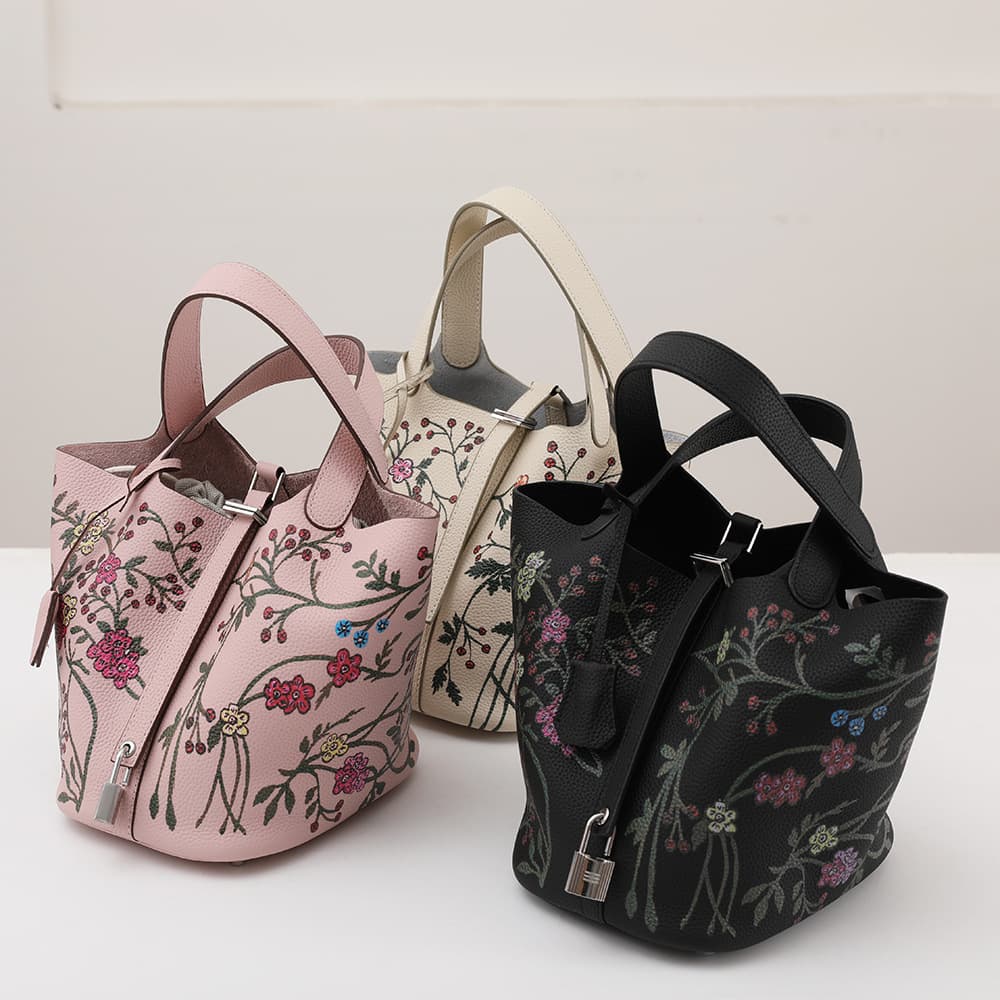Top Layer Togo Calfskin Painted Basket Handbag Women's Genuine Leather Leaf Ladies Bucket Bag