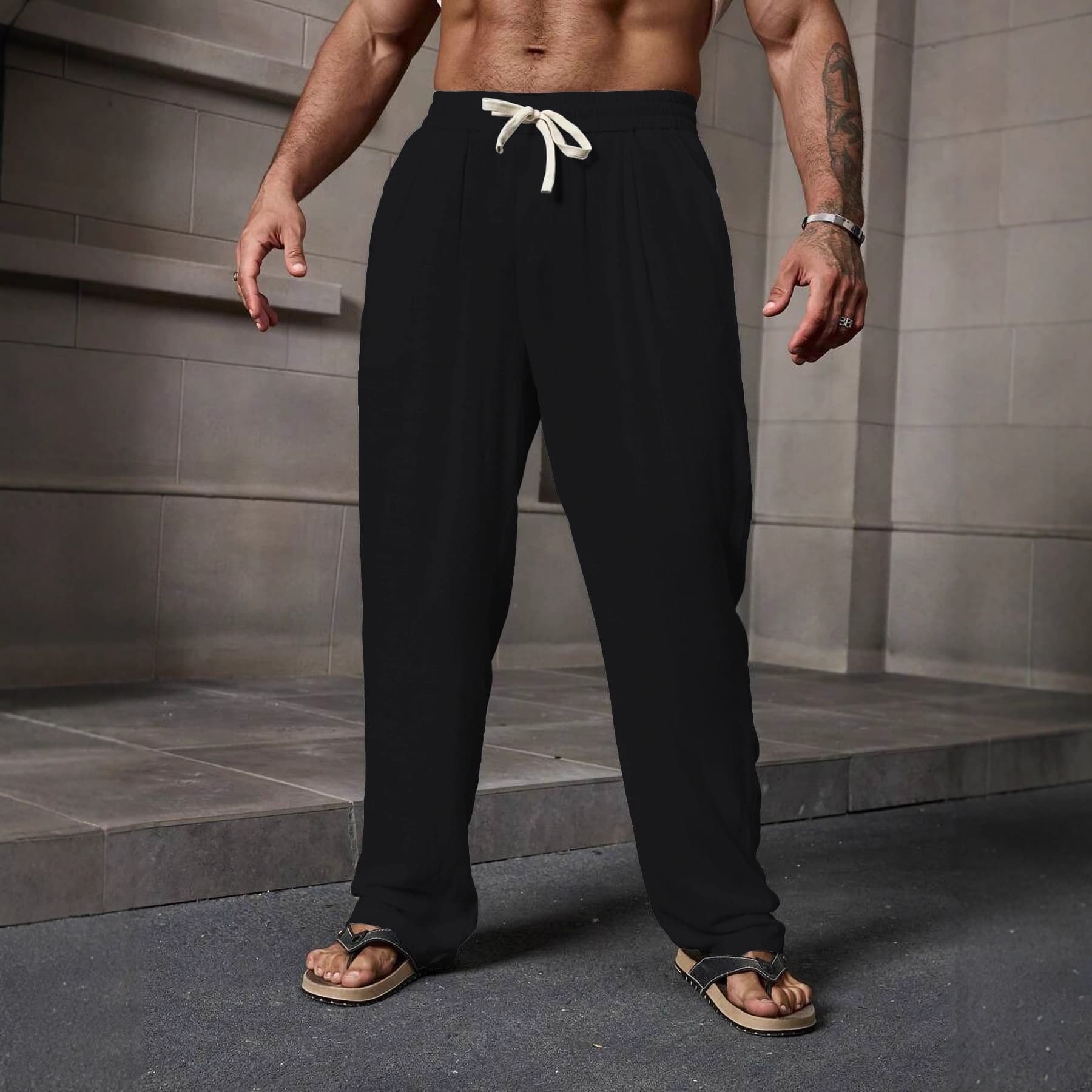 Men's New Loose Linen Pants Elastic Waist Straight Leg Solid Casual Drawstring Wide Leg Beach Sports
