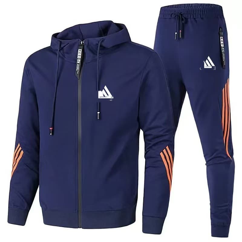 Autumn Winter Men's Adidas Sports Embroidered Set Three Stripes Hooded Zip Sweatshirt Pants Trendy Sports Set