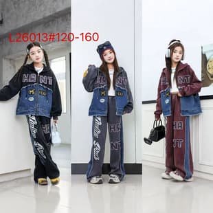 Qiqi Girls Autumn Children's Set Hooded Zip-Up Jacket Denim Wide Leg Pants Two-Piece Set Medium to Large Kids Zhili Children's Clothing