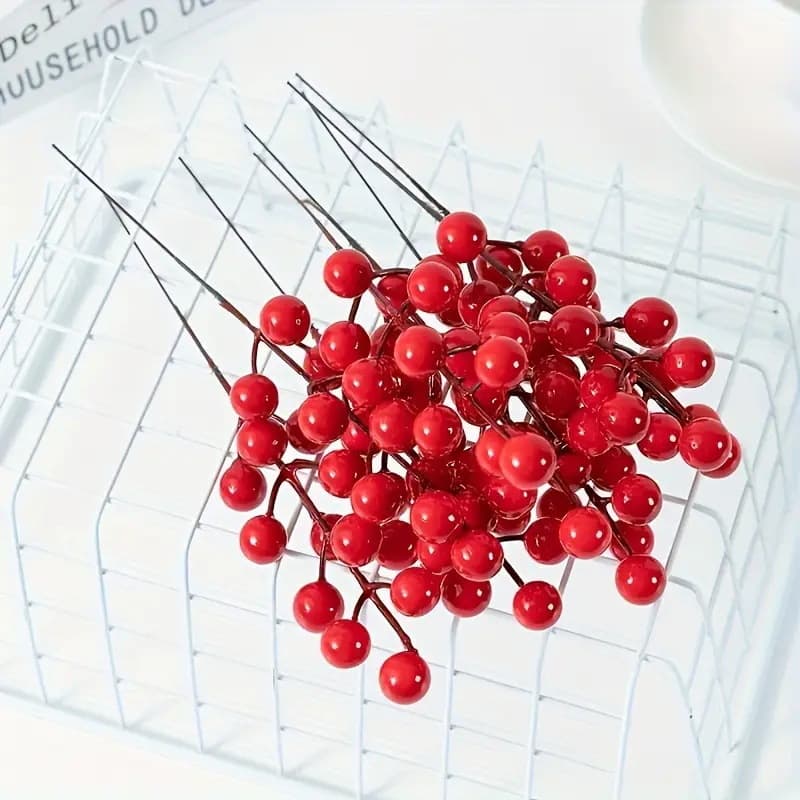 12-Head Single-Fork Frosted Red Fruit Holly Berry Artificial Red Fruit Fortune Fruit New Year Flower Home Decorative Ornament Red Berry
