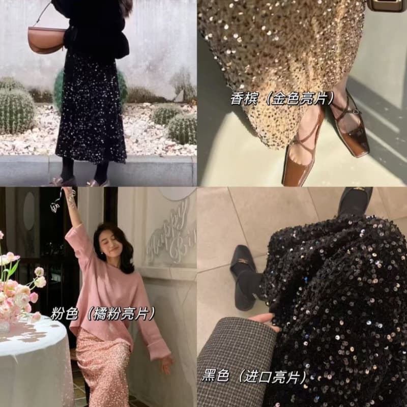 Beautiful Sparkle 2024 Winter New Arrival Three-Color Elastic Waist Velvet Sequin Side Slit Skirt