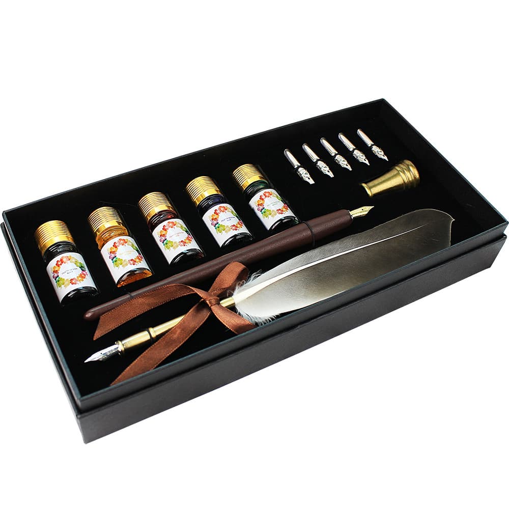 T12DA-C2 Quill Pen Retro European Style Gift Box with Colored Ink, Student Dip Pen, Wooden Pen, Comic Pen