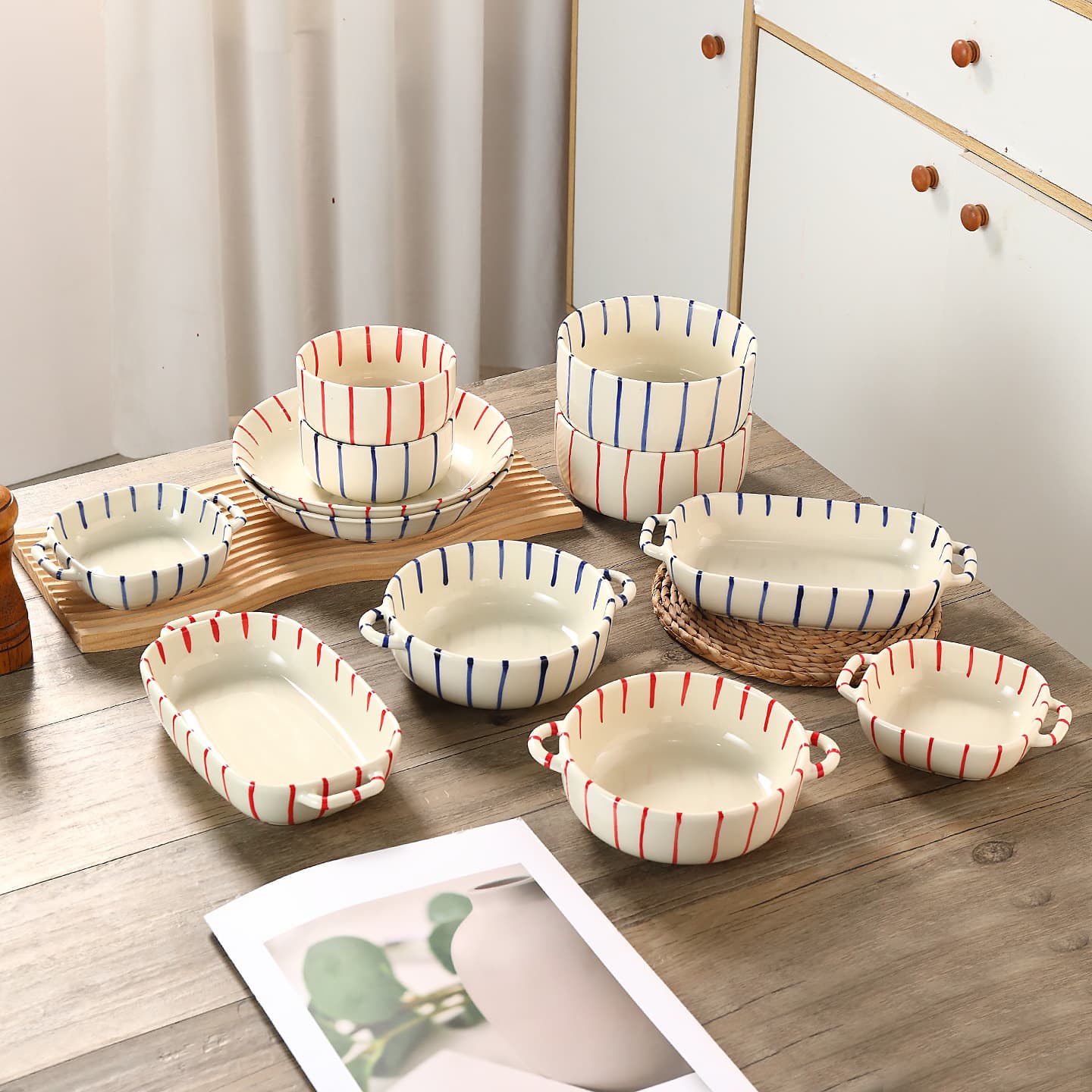 French Fresh Red and Blue Striped Ceramic Dinnerware Set Hand-Painted Underglaze Bowl and Plate Set with Double-Handled Baking Dish