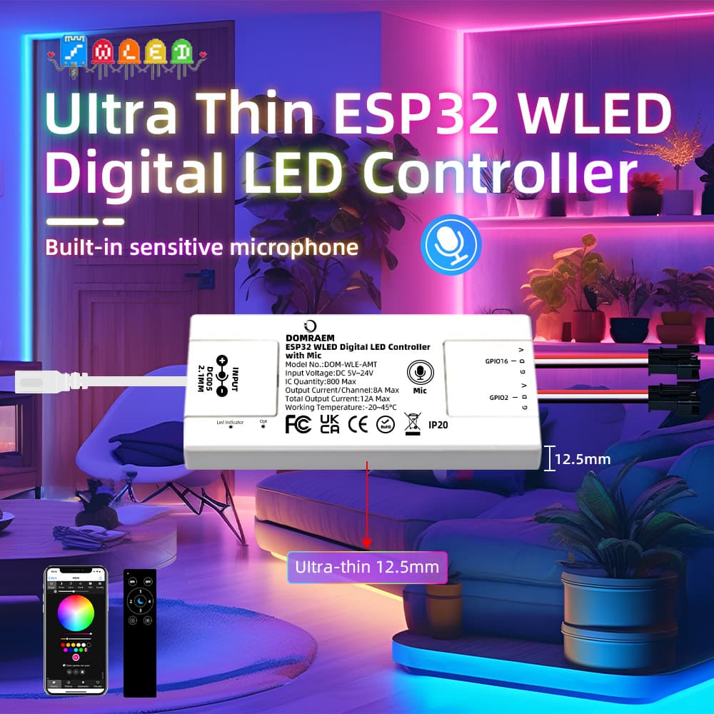 Dengyun ESP32 WLED Controller with Microphone and 2 Output Cables Works with HAAlexa Voice Dimming
