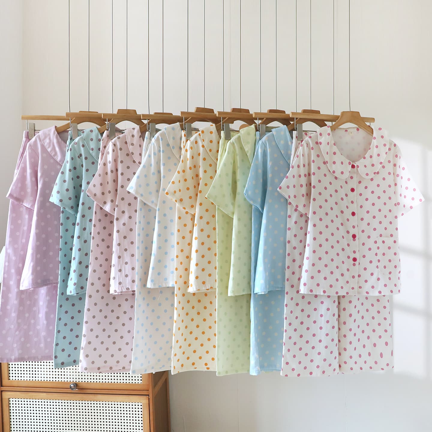 Double Layer Gauze Light Fresh Polka Dot Short Sleeve Long Pants Cardigan Sleepwear Women Pure Cotton Homewear Casual Plus Size Set Wear-Out