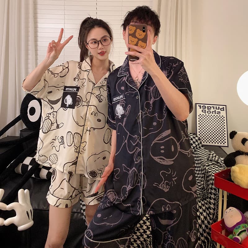 Summer New Couple Pajamas Women's Age-reducing Ins Style Cardigan Short-sleeved Shorts Men's Plus Size Home Clothes suit