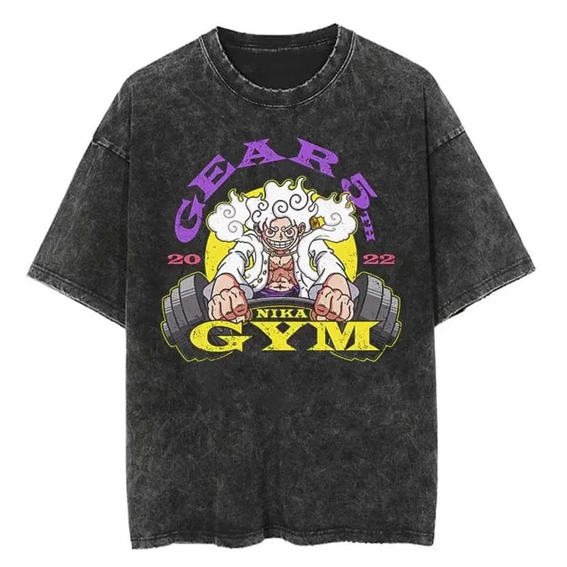 Cross-border European Size Pure Cotton Anime One Piece Luffy Printed T-Shirt Men's Vintage Washed Street Style Casual Y2K Short Sleeve