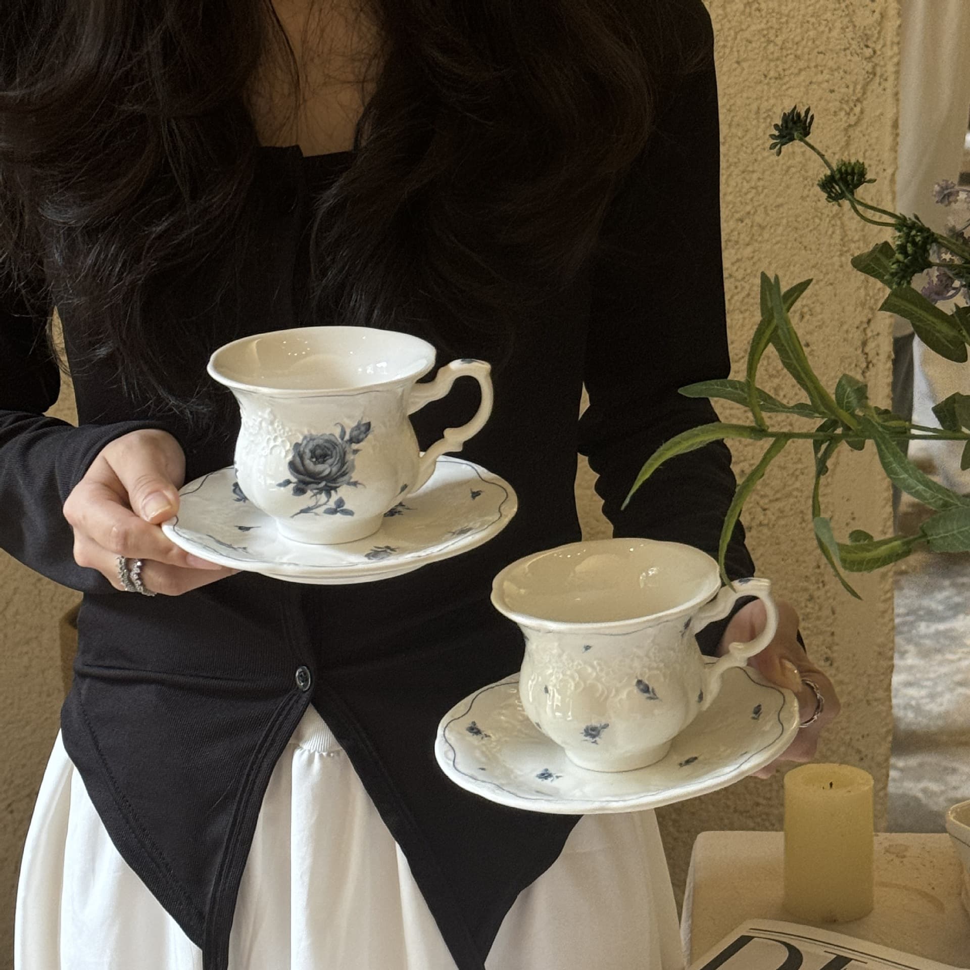 French Vintage Blue Rose Embossed Ceramic Cup Saucer Bowl Pedestal Plate Western Food Dessert Dish Storage Home Tableware Plating