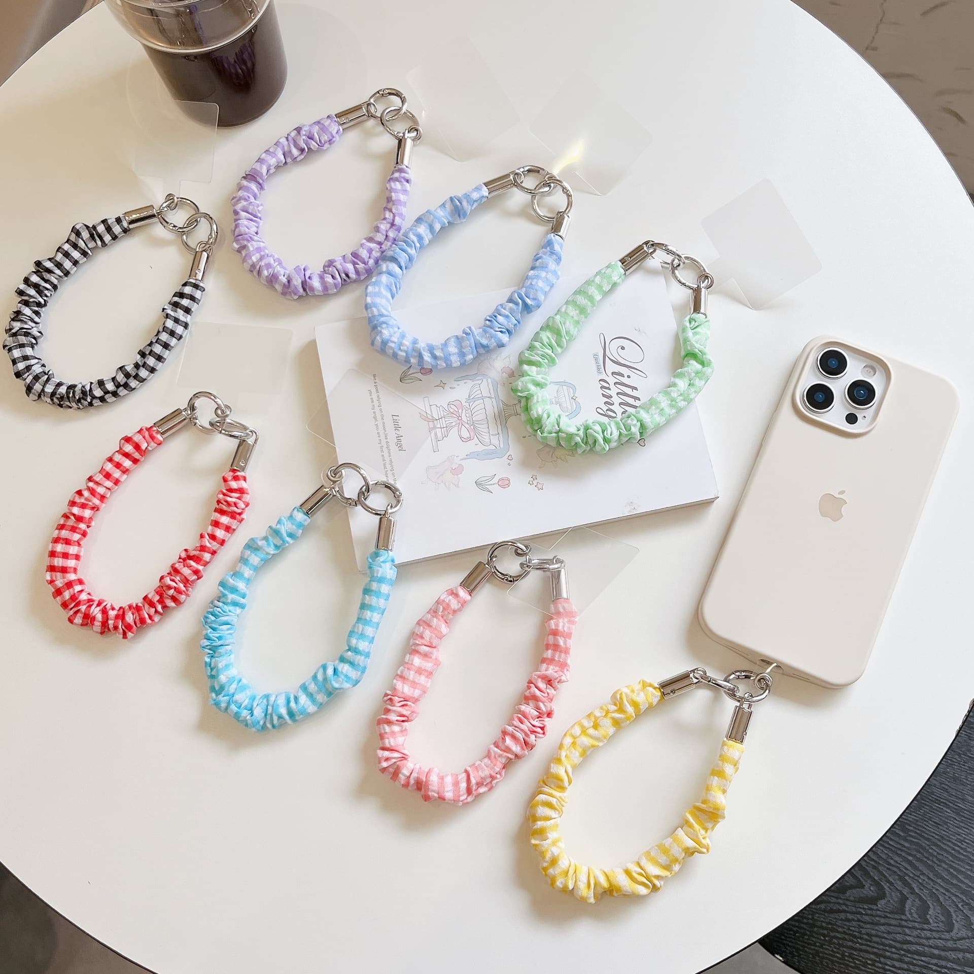 Ins Style Pink Plaid Wrist Strap Phone Case with Chain Bracelet Anti-Loss Wristband Pendant Universal