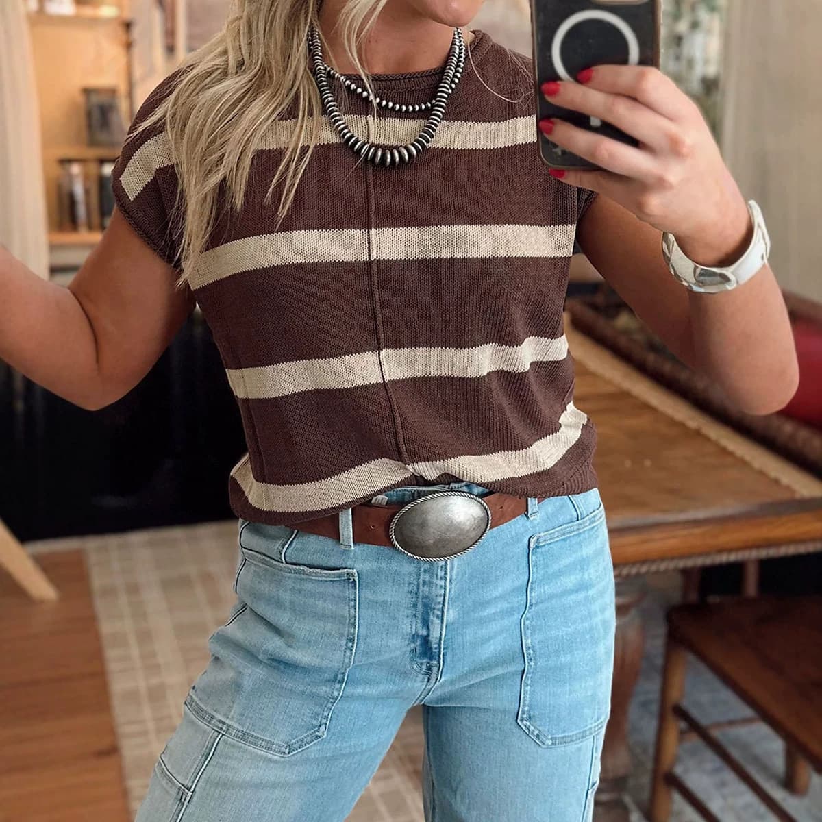 Summer New Style Pullover Round Neck Loose Top Women European American Casual Versatile Striped Short Sleeve Knit Top Wholesale