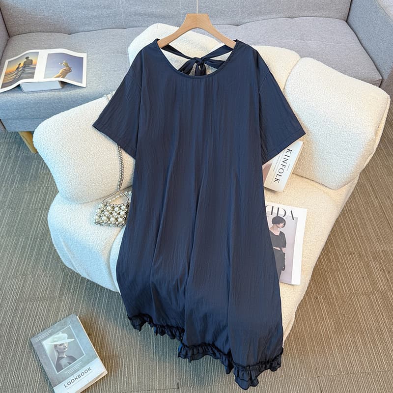 Plus Size Women's Summer New Arrival Literary and Elegant Solid Color Ruffle Short Sleeve Dress for 130-350 lbs
